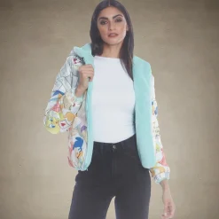 Women's Faux Rabbit Fur Reversible Bomber Looney Tunes Satin Mashup Print Lining Jacket - FINAL SALE