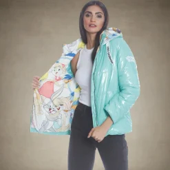 Women's Hi-Shine Chevron Quilt Puffer with Looney Tunes Mashup Print Lining - FINAL SALE